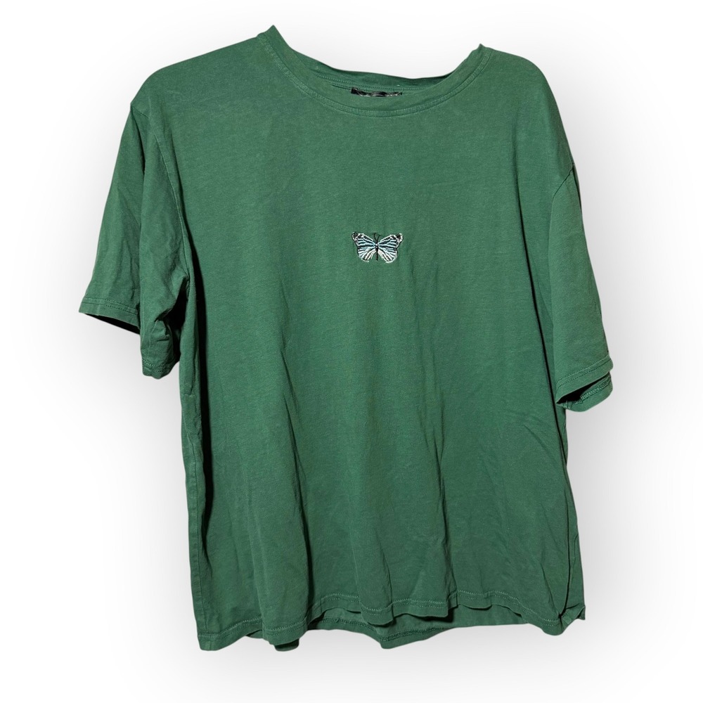 DAZY Green Butterfly Embroidered Short Sleeve T-Shirt Womens Size XL Crew Neck